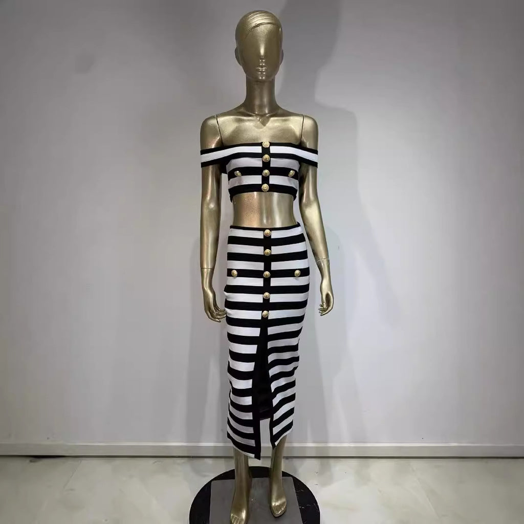 New Black and White Zebra Pattern Bandage Skirt Set European and American Fashion Off Shoulder Short Top Long Skirt Two Piece Set