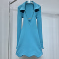 Sexy Deep V-Neck Long Sleeve Rhinestone Wave Cut Hem Stretch Knitted Slim Dress