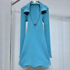 Sexy Deep V-Neck Long Sleeve Rhinestone Wave Cut Hem Stretch Knitted Slim Dress