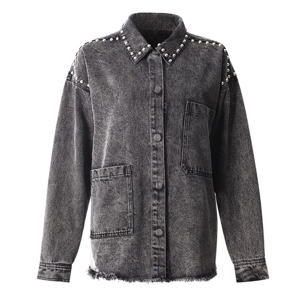 Women's Black Gray Denim Shirt Lapel Loose Grinding The Hem Rivet Long Sleeves Blouse