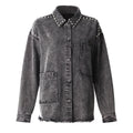Women's Black Gray Denim Shirt Lapel Loose Grinding The Hem Rivet Long Sleeves Blouse