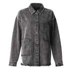 Women's Black Gray Denim Shirt Lapel Loose Grinding The Hem Rivet Long Sleeves Blouse