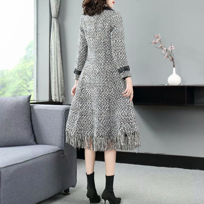 PU Leather Lapel Long Sleeve Double Breasted Waist Irregular Plaid Coat Jacket Women's New Early Autumn