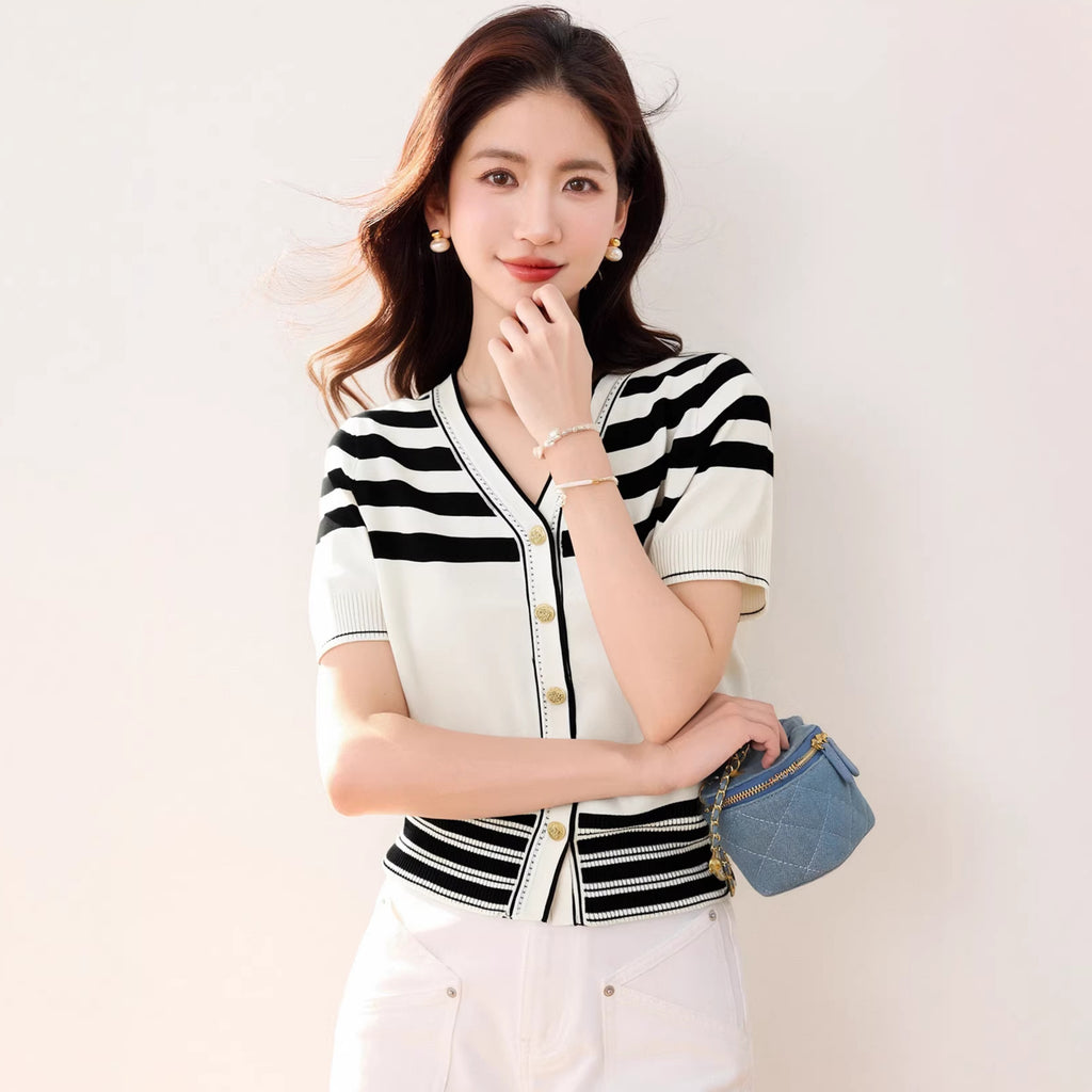 Chic Stripe Women's Long Sleeve V-Neck Buttoned Knit Cardigan Casual Style