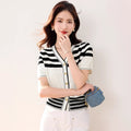 Chic Stripe Women's Long Sleeve V-Neck Buttoned Knit Cardigan Casual Style