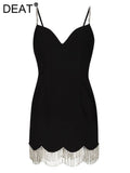 Fashion Women's Dress New Solid Slim V-Neck High Waist Tassel Spaghetti Strap Dresses Elegant Female Summer
