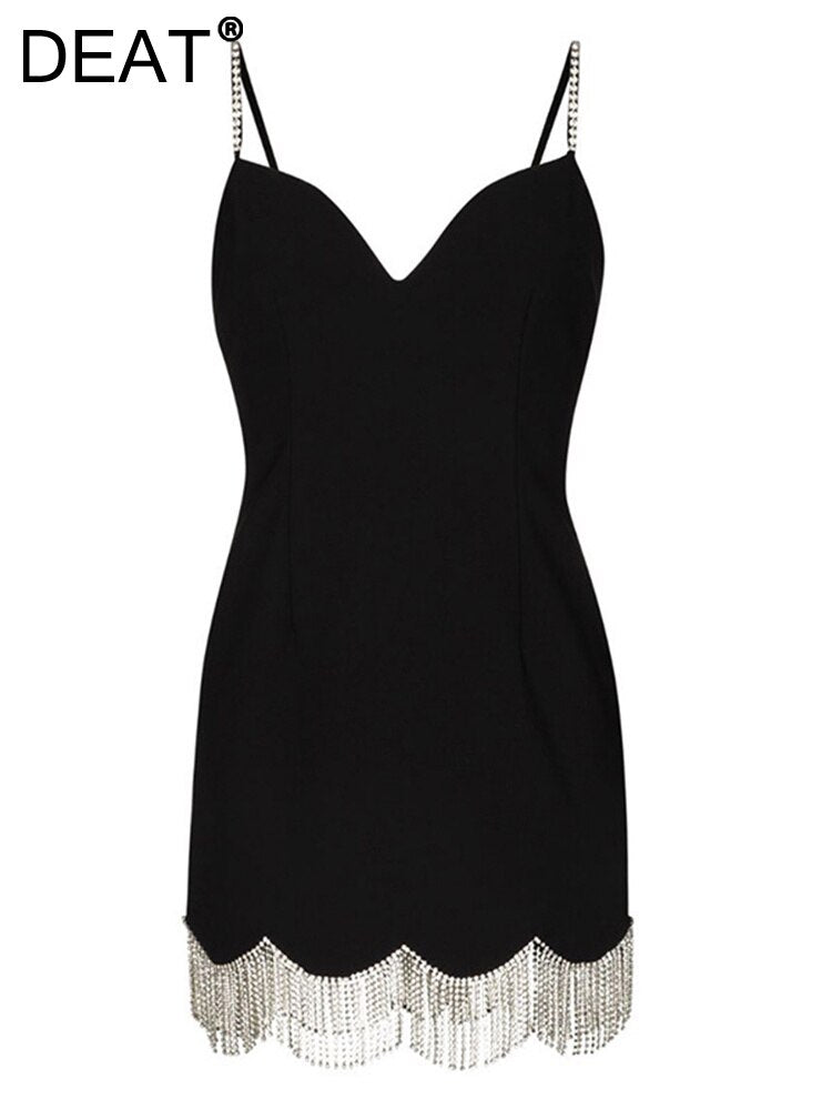 Fashion Women's Dress New Solid Slim V-Neck High Waist Tassel Spaghetti Strap Dresses Elegant Female Summer