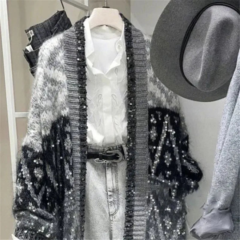 Luxury High Quality Sequined Knit Long Cardigan Women Winter Autumn Brand Thicken Cashmere Sweater Jacket Knitwear Coat