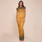 Elegant Gradient Pleated Dress with Fashion Design, Slim Fit, Luxury Style Long Dress