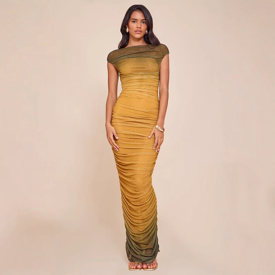Elegant Gradient Pleated Dress with Fashion Design, Slim Fit, Luxury Style Long Dress