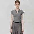 Short Sleeve T-Shirt Versatile Slim Fit  Gray V-Neck Sexy Knit Top
