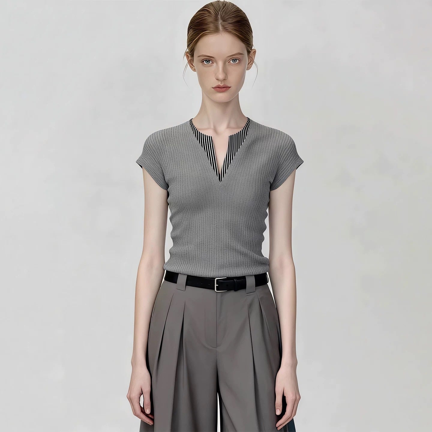 Short Sleeve T-Shirt Versatile Slim Fit  Gray V-Neck Sexy Knit Top