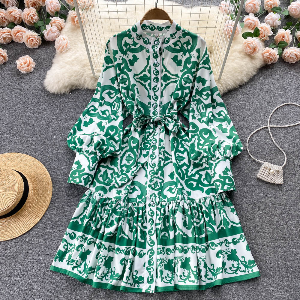 Fashion Designer Runway Dress Spring Autumn Women Long Lantern Sleeve Single Breasted Floral-Print Lace-Up Mini Dress