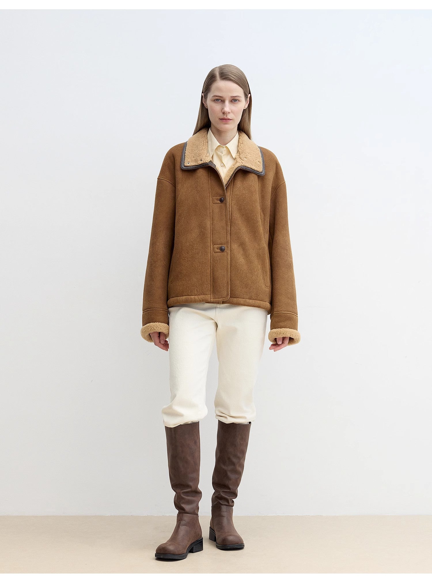 "Knight's Contract" Merino wool sheepskin coat with fur-faced stand-up collar