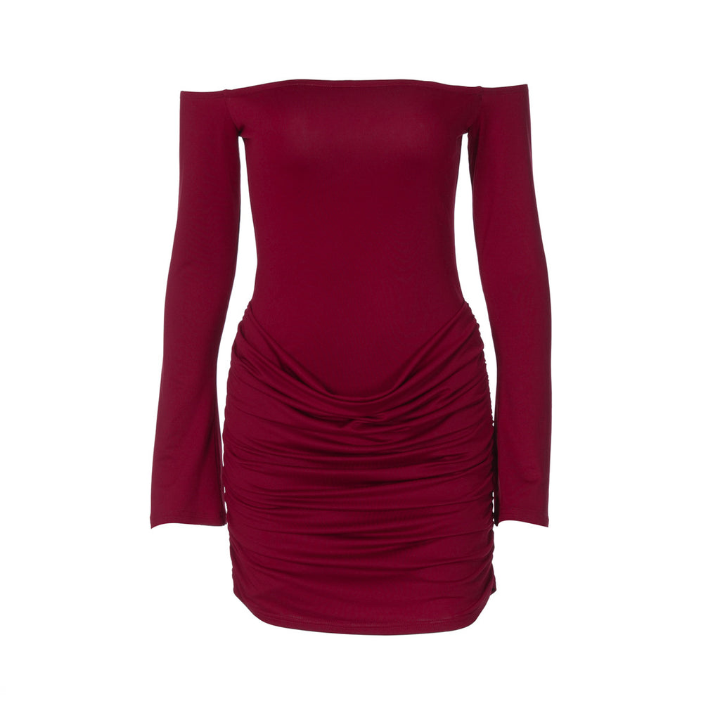 Women's Autumn New Fashion Sexy One-Shoulder Off-Shoulder Ruched Waist Slim Fitted Bodycon Dress