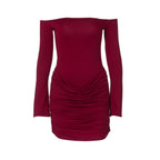 Women's Autumn New Fashion Sexy One-Shoulder Off-Shoulder Ruched Waist Slim Fitted Bodycon Dress