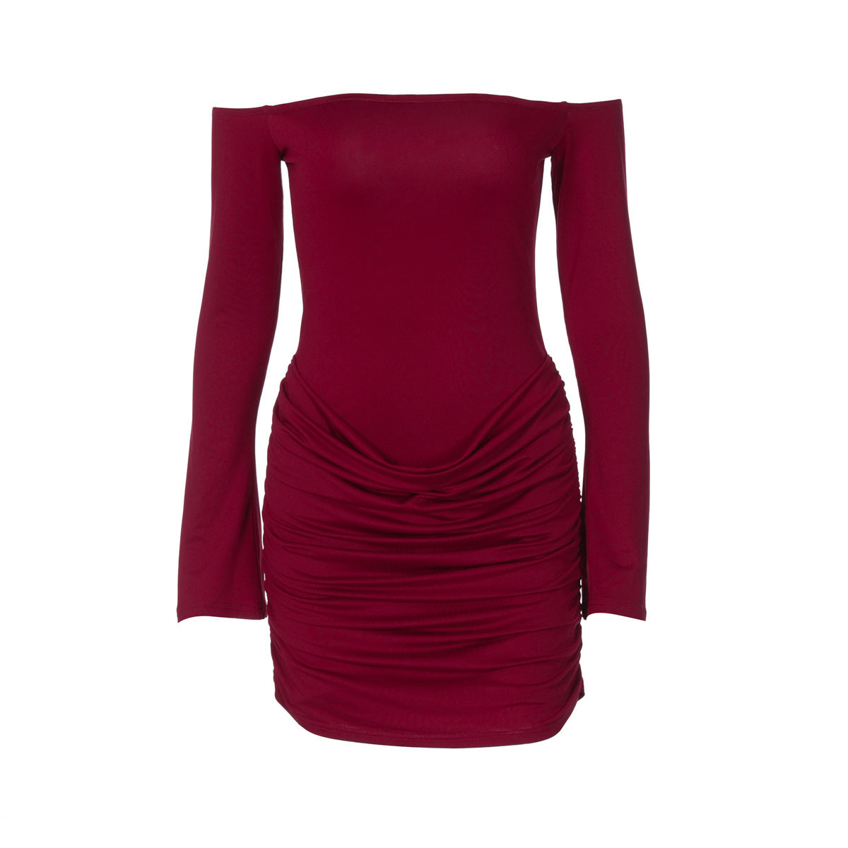 Women's Autumn New Fashion Sexy One-Shoulder Off-Shoulder Ruched Waist Slim Fitted Bodycon Dress