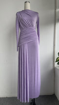 Elegant Knit Long Sleeve Ribbon Dress with Asymmetrical Neckline, Elastic Pleated Floor-Length Skirt