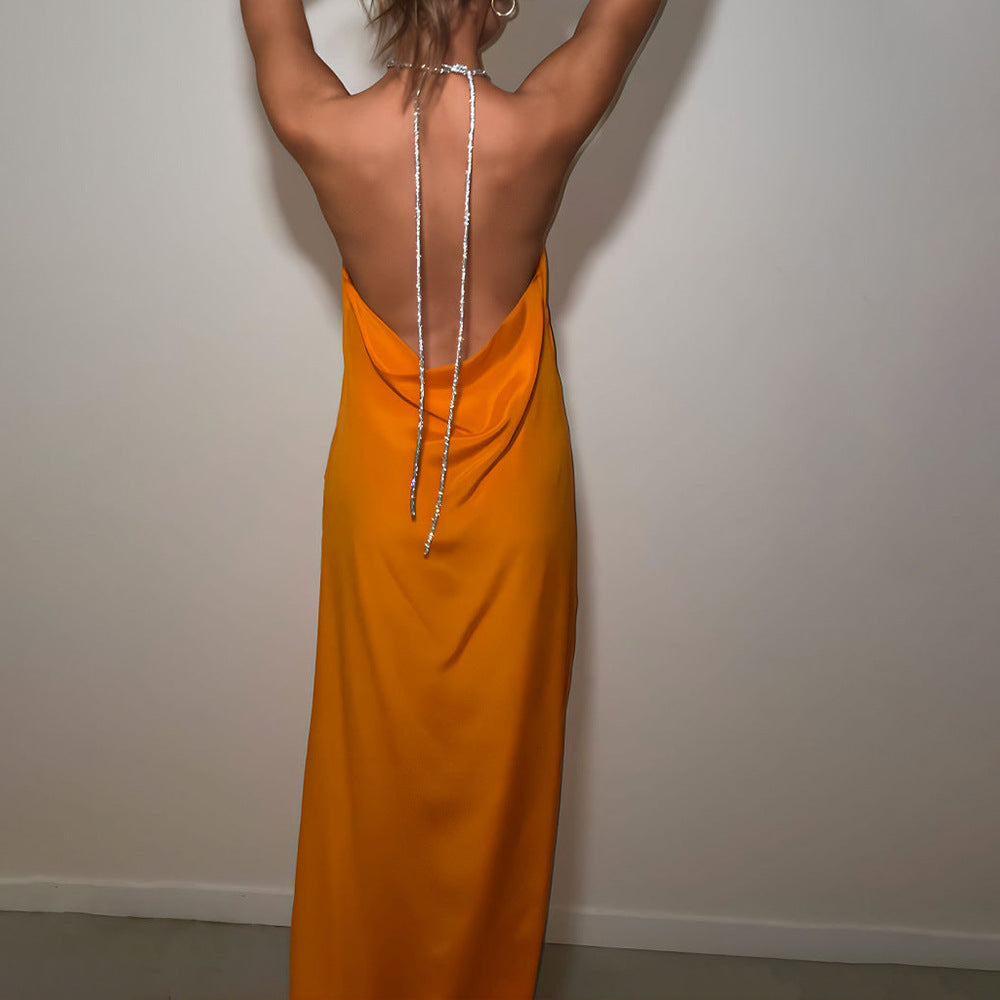 High-Grade Satin Halter Neck Dress with Sexy Backless Design, Solid Color Slit Fitted Long Dress