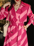 High-end Contrasting Color Striped Trench Coat For Women Lapel Long Sleeve Belt Mid Length Windbreak