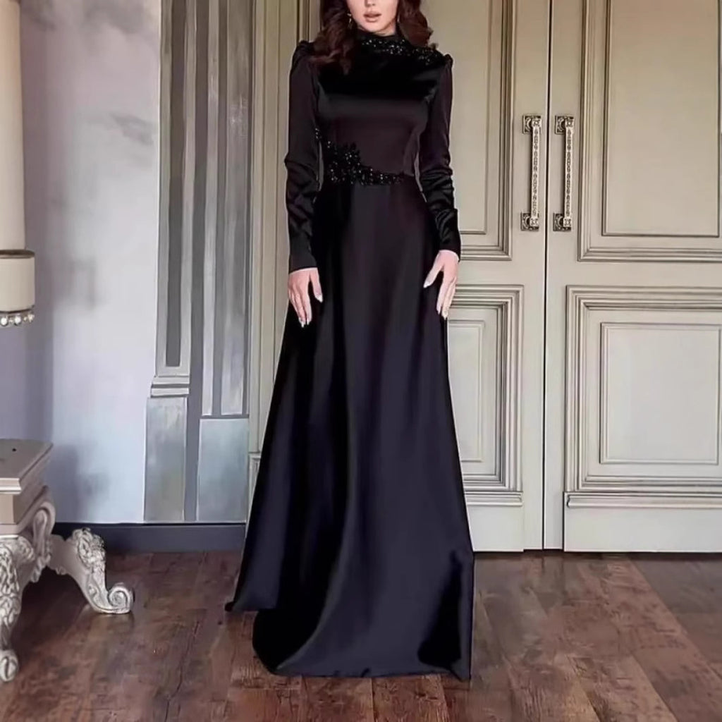 Pure Color Long Sleeve Fitted Lace Retro Elegant Dress Gown