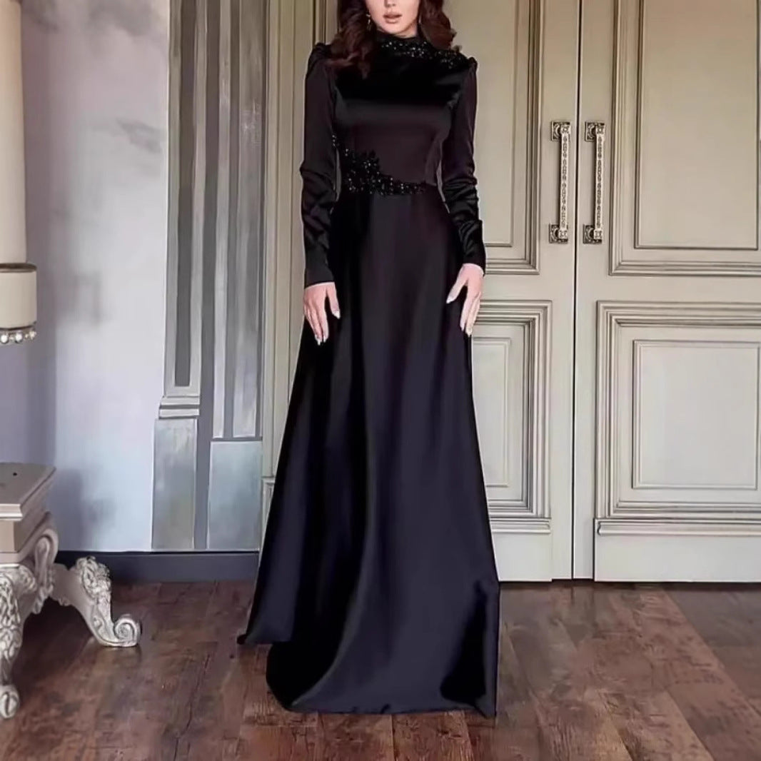 Pure Color Long Sleeve Fitted Lace Retro Elegant Dress Gown