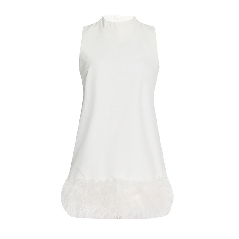 Ostrich Feather A-Line Dress Unique Design Stand Collar Sleeveless Solid Color Dress