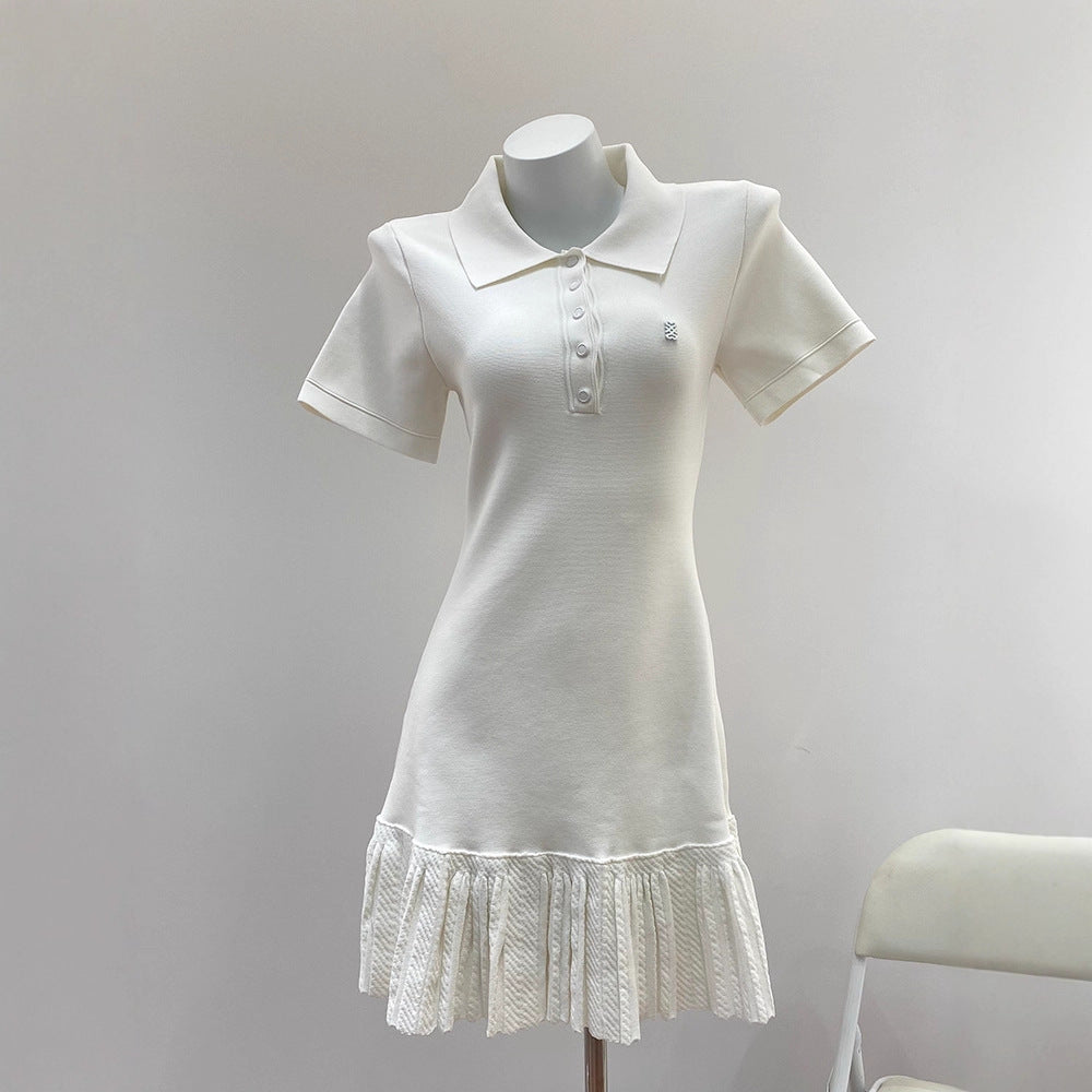 Elegant French Turn-Down Collar Polo Knitted Pleated Dress for Tennis and Golf White Casual Style