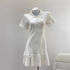 Elegant French Turn-Down Collar Polo Knitted Pleated Dress for Tennis and Golf White Casual Style