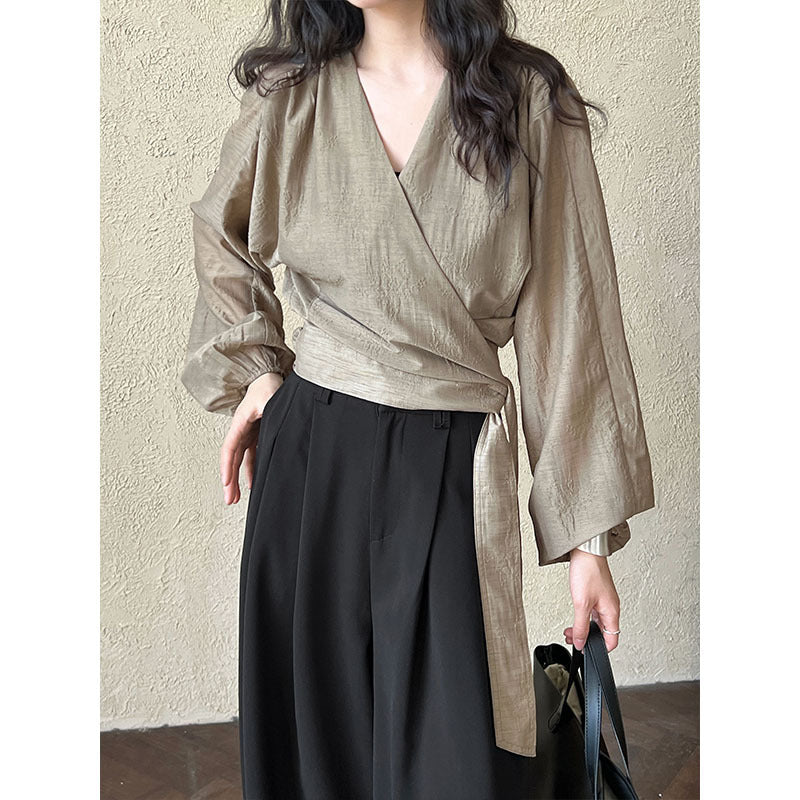 Retro cross V-neck tied shirt for women