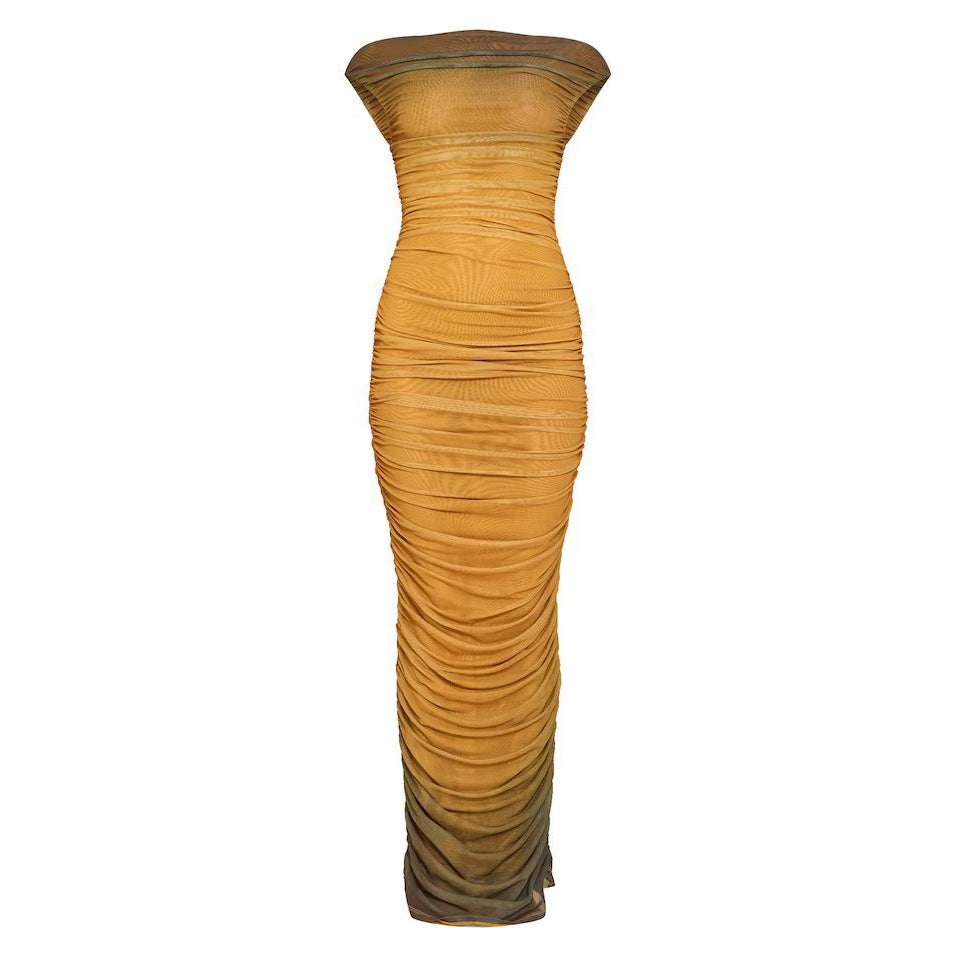 Elegant Gradient Pleated Dress with Fashion Design, Slim Fit, Luxury Style Long Dress