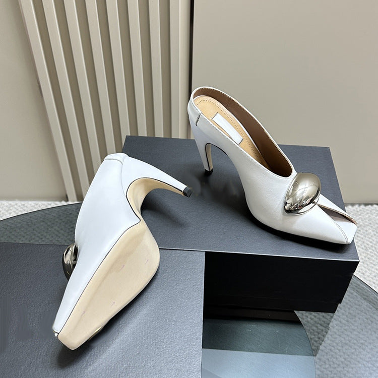 Hot Brand Gold Metal Decor Slides Leather Women Slippers Designer High Heel Gladiator Sandals Ladies Party Shoes Slippers Women