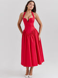 V-neck backless, red mid length dress