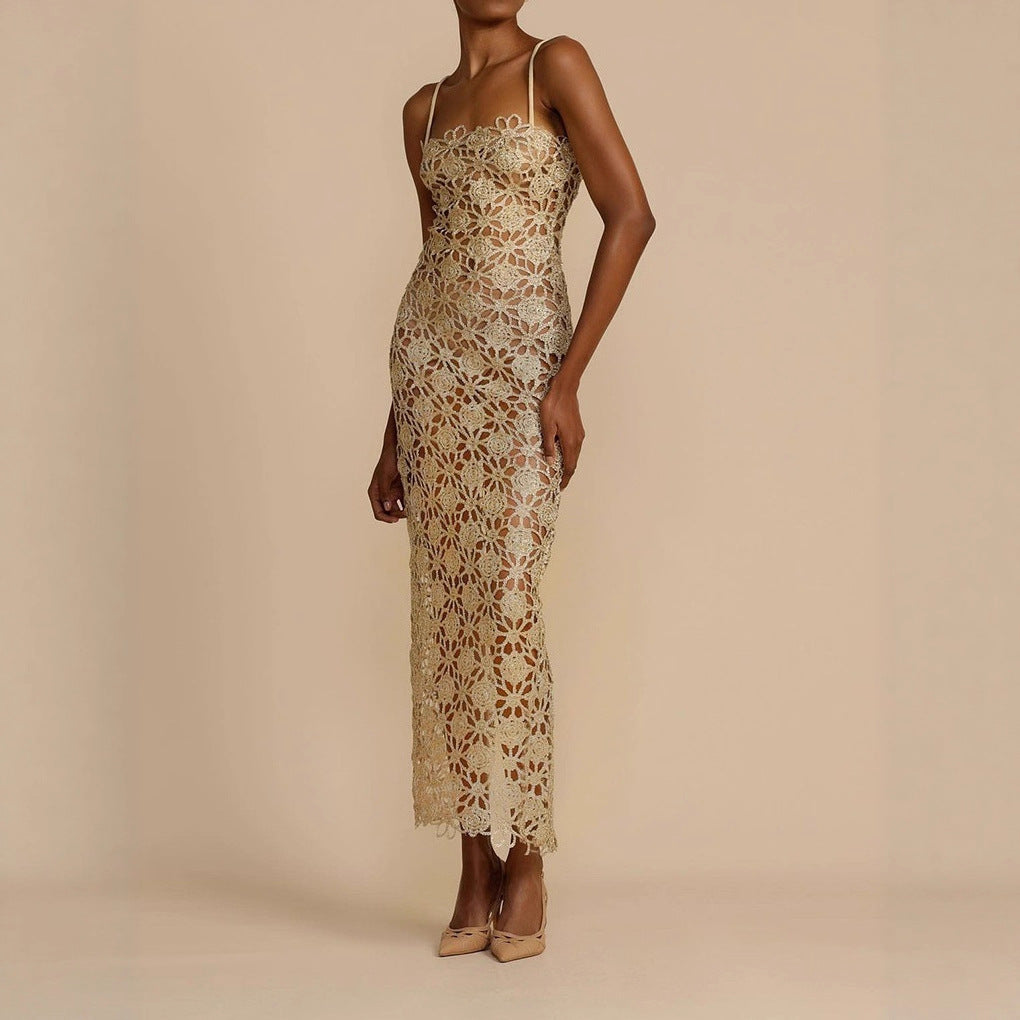 Champagne Gold Lace Cut-Out French Style Elegant Strap Dress for Women Unique Side-Slit Evening Gown, Mid-Length Dress