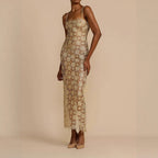 Champagne Gold Lace Cut-Out French Style Elegant Strap Dress for Women Unique Side-Slit Evening Gown, Mid-Length Dress