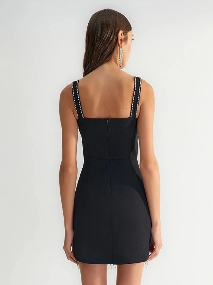 Sexy Square Neck Diamonds Tassel Bandage Dress Women Black Sleeveless Bodycon Asymmetric Mini Dress Cocktail Party Celebrity