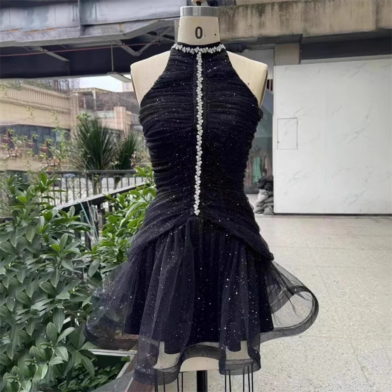Waist hugging rhinestone light luxury hanging neck A-line skirt