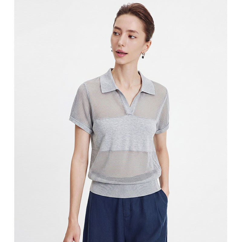 Hollow out breathing design spliced V-neck polo shirt, summer loose short sleeved knit shirt