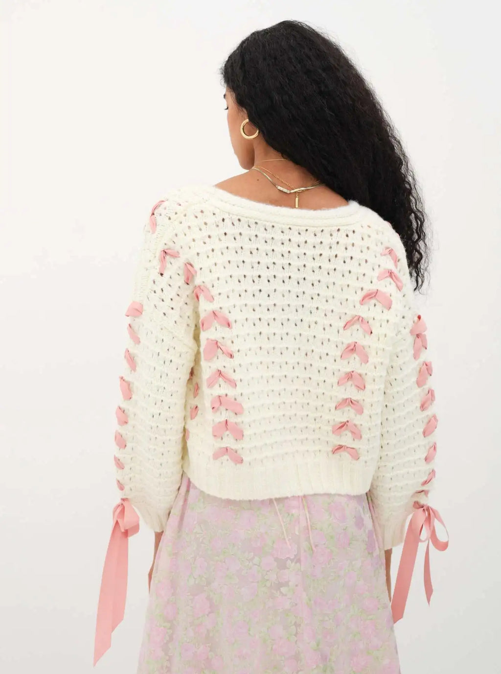 V-neck lace up hollow knit cardigan top sweater jacket for women