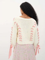 V-neck lace up hollow knit cardigan top sweater jacket for women