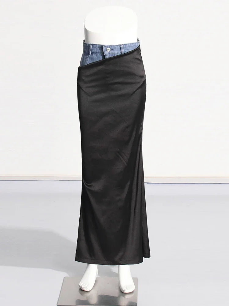 Patchwork Demin Designer Skirts For Women High Waist Spliced Button Temperament Asymmetrical Skirt Female Fashion