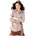 Thousand bird plaid waistband shirt for women's spring new design, retro loose long sleeved shirt top