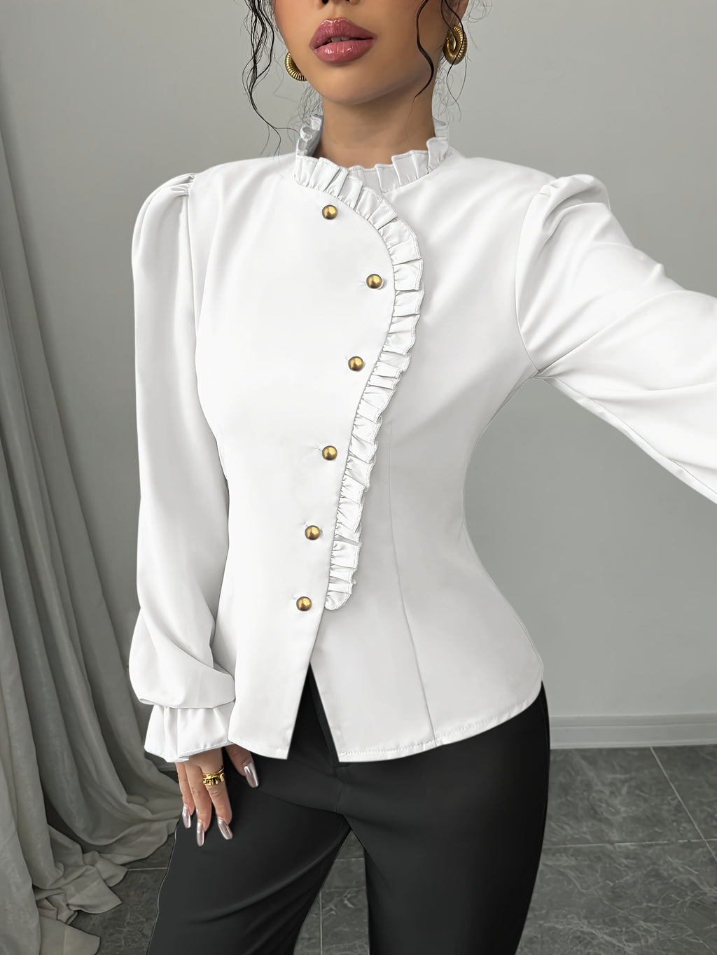 Pleated Long Sleeve Designer Fashion Women's Blouse