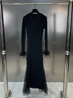 Solid Patchwork Feathers Designer Dresses For Women V Neck Long Sleeve High Waist Spliced Mesh Elegant Dress Female