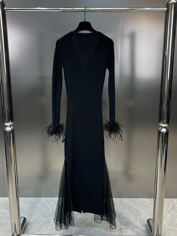 Solid Patchwork Feathers Designer Dresses For Women V Neck Long Sleeve High Waist Spliced Mesh Elegant Dress Female