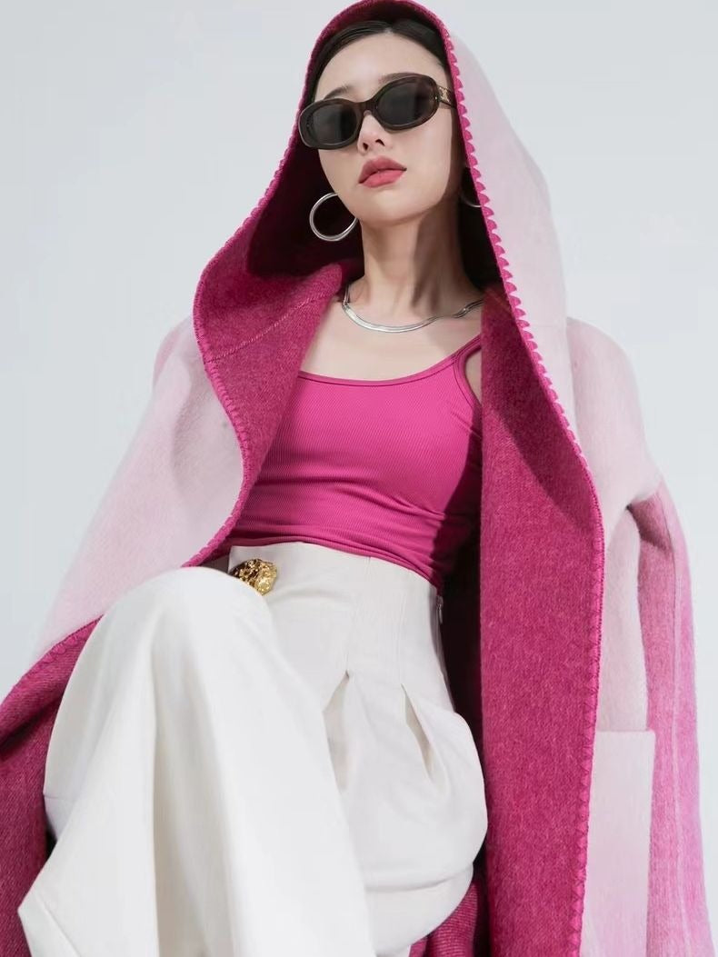 Fashion Women's Woolen Coat Hooded Buttonless Lace-up Straight Two-sided Gradient Mid-calf Overcoat