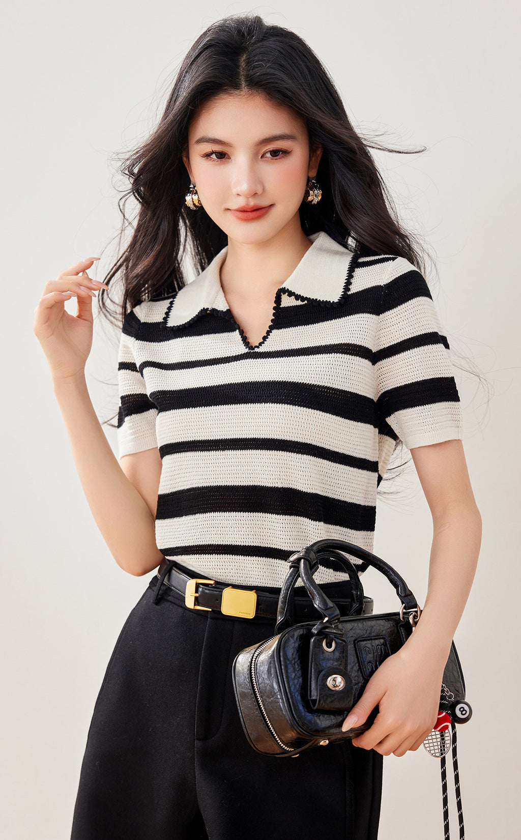 Style Luxury Hand-Crocheted Stripe V-Neck Polo Short Sleeve T-Shirt