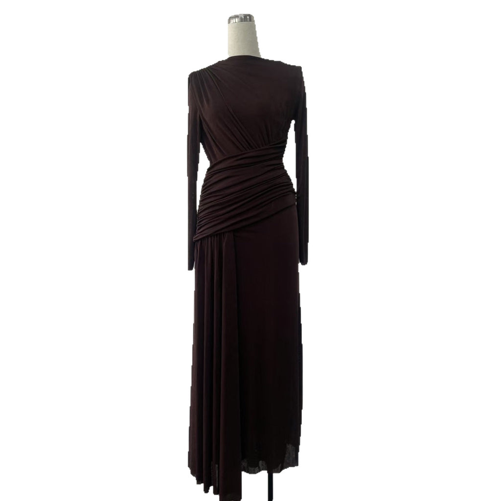 Elegant Knit Long Sleeve Ribbon Dress with Asymmetrical Neckline, Elastic Pleated Floor-Length Skirt