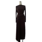 Elegant Knit Long Sleeve Ribbon Dress with Asymmetrical Neckline, Elastic Pleated Floor-Length Skirt