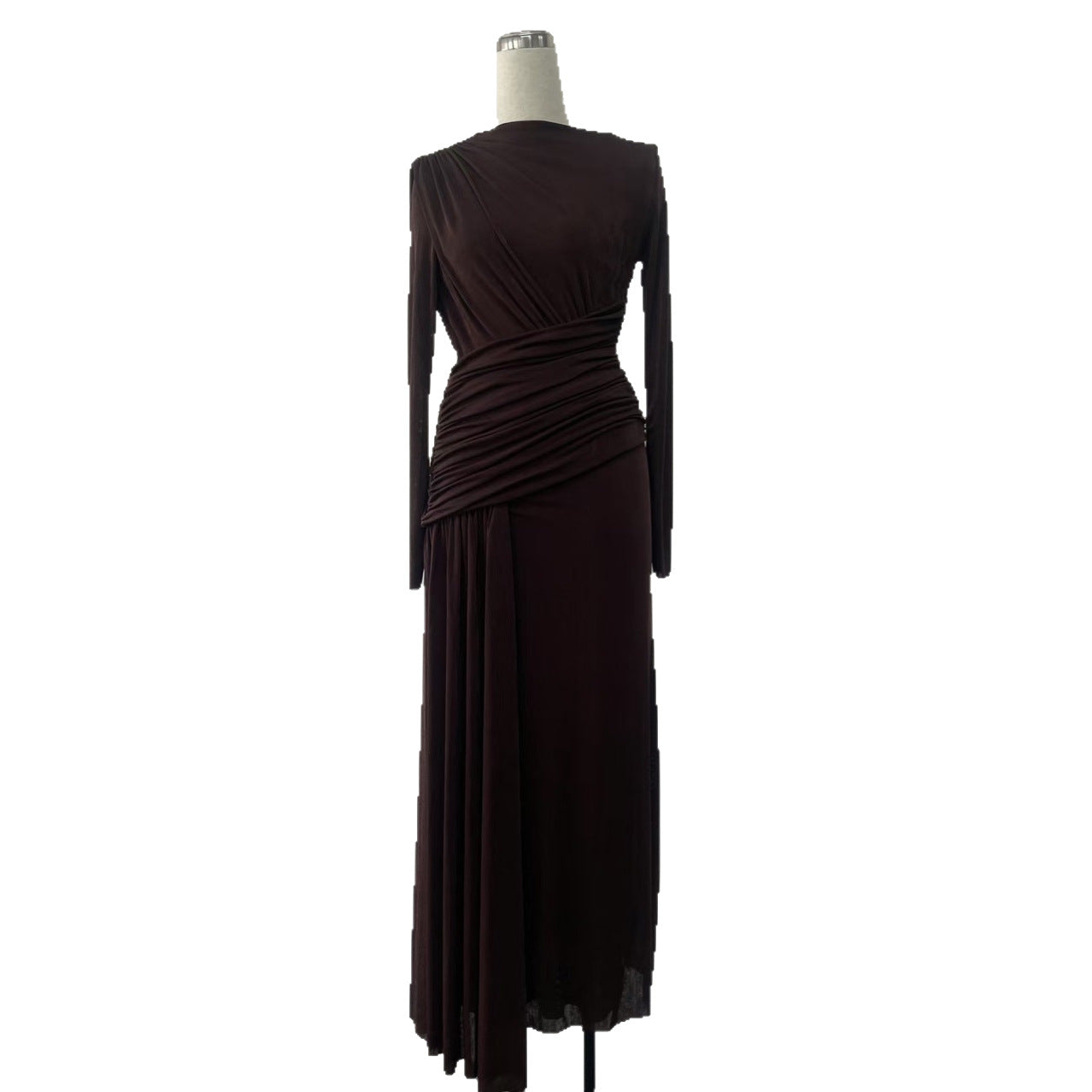 Elegant Knit Long Sleeve Ribbon Dress with Asymmetrical Neckline, Elastic Pleated Floor-Length Skirt
